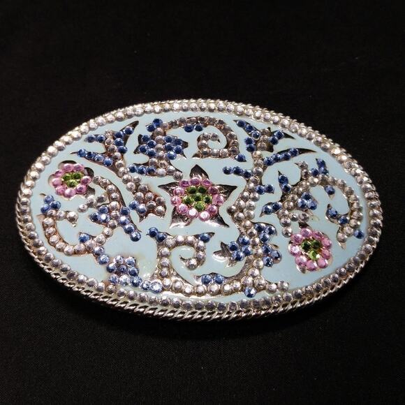 Vintage Belt Buckle. Blue Oval Flat Crystal Rhinestones, 2 3/4 Inches - Picture 1 of 9